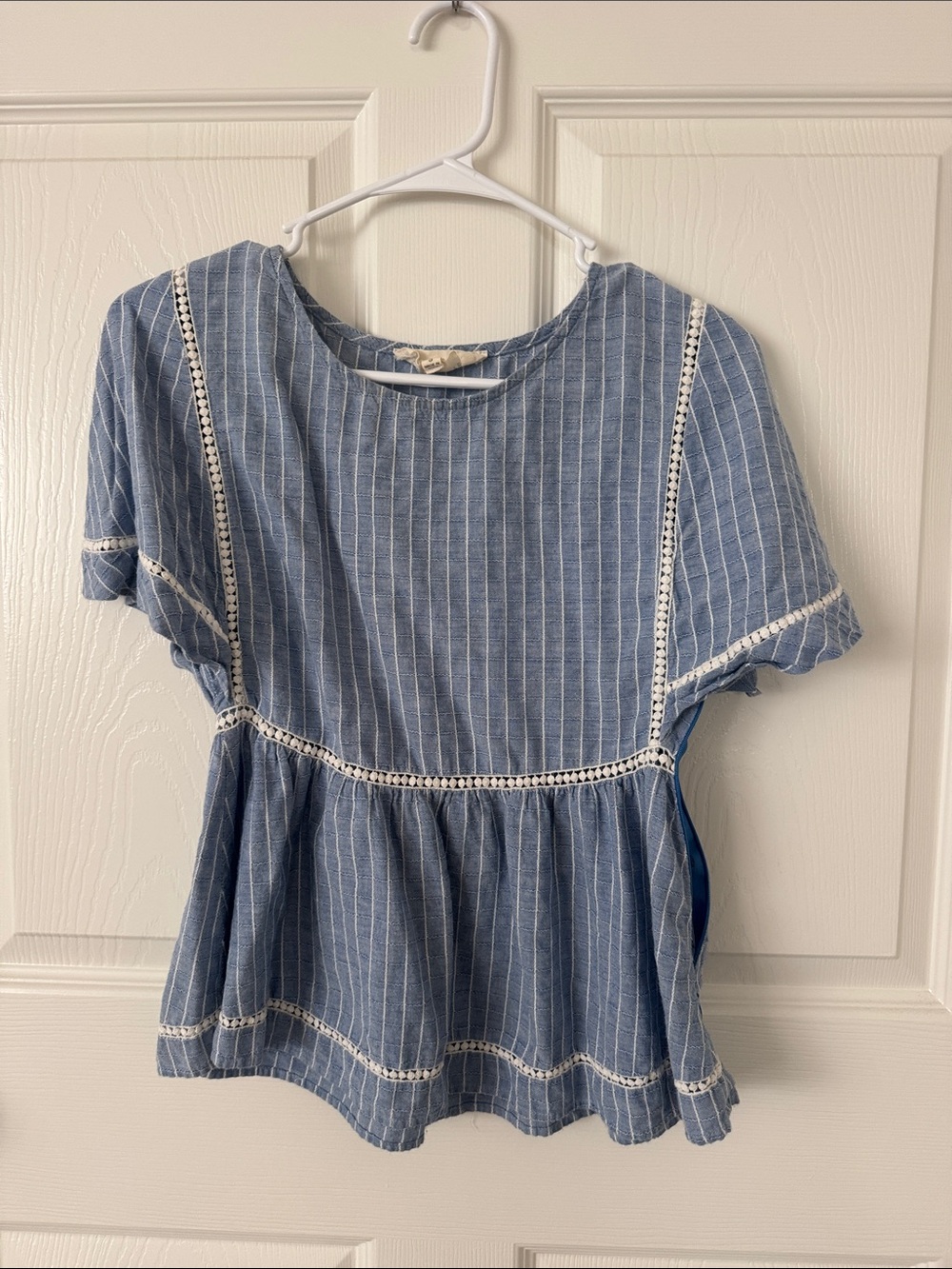 Dance & Marvel Blue Striped Peplum Blouse with White Trim